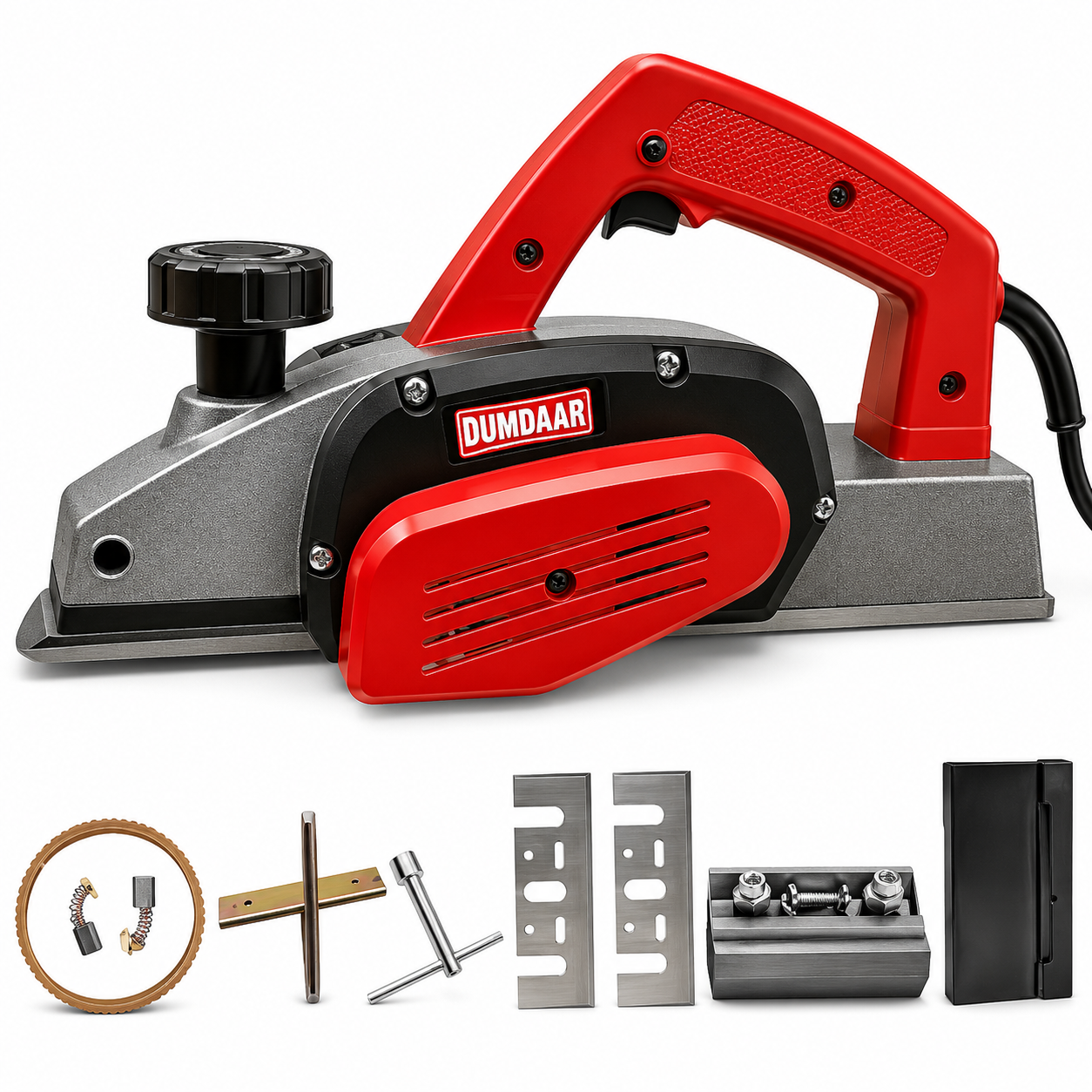 Inditrust Dumdaar Electric Wood Planer 82mm 750W (Red) | Corded Professional Wood Planing Machine with Accessories | Heavy Duty Hand Planer for Carpentry, Furniture & DIY Work