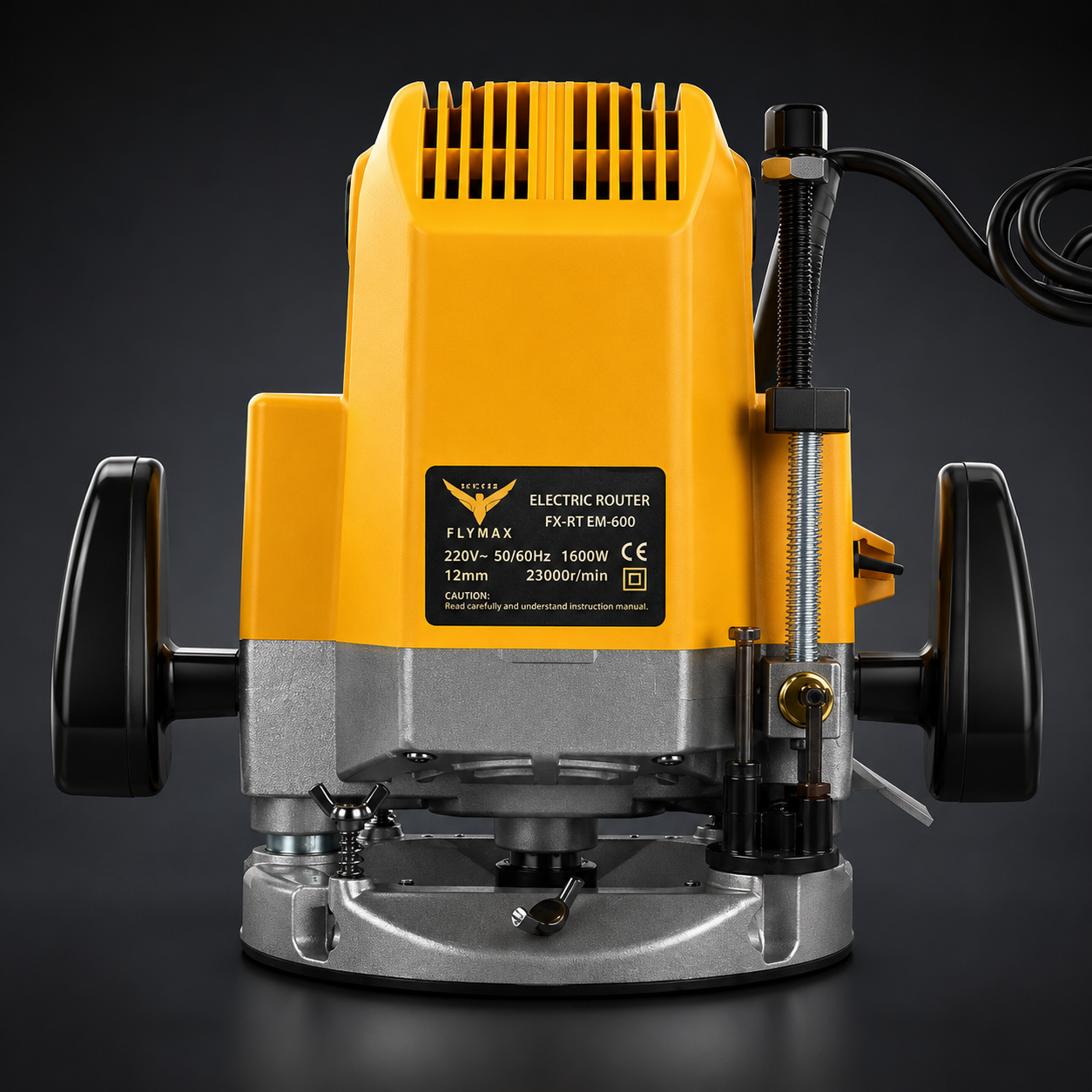 HYCO LABEL FLYMAX FX-RT MAKO 1600W Electric Router, 12mm Wood Trimmer with 23000rpm, Yellow Palm Router Power Tool, Woodworking Tool Set with Aluminum Guide Fence