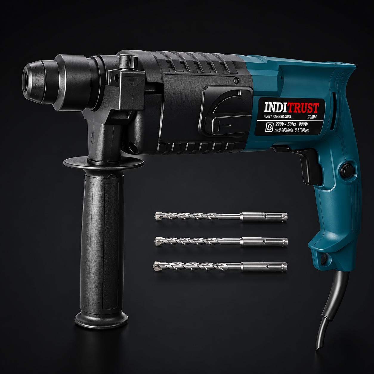 Inditrust 6 Month Warranty 900W 20mm Electric Hammer Machine with 3pc Hammer bit Left/Right Rotary Hammer Drill (Blue) 100% Copper Winding (BLUE)