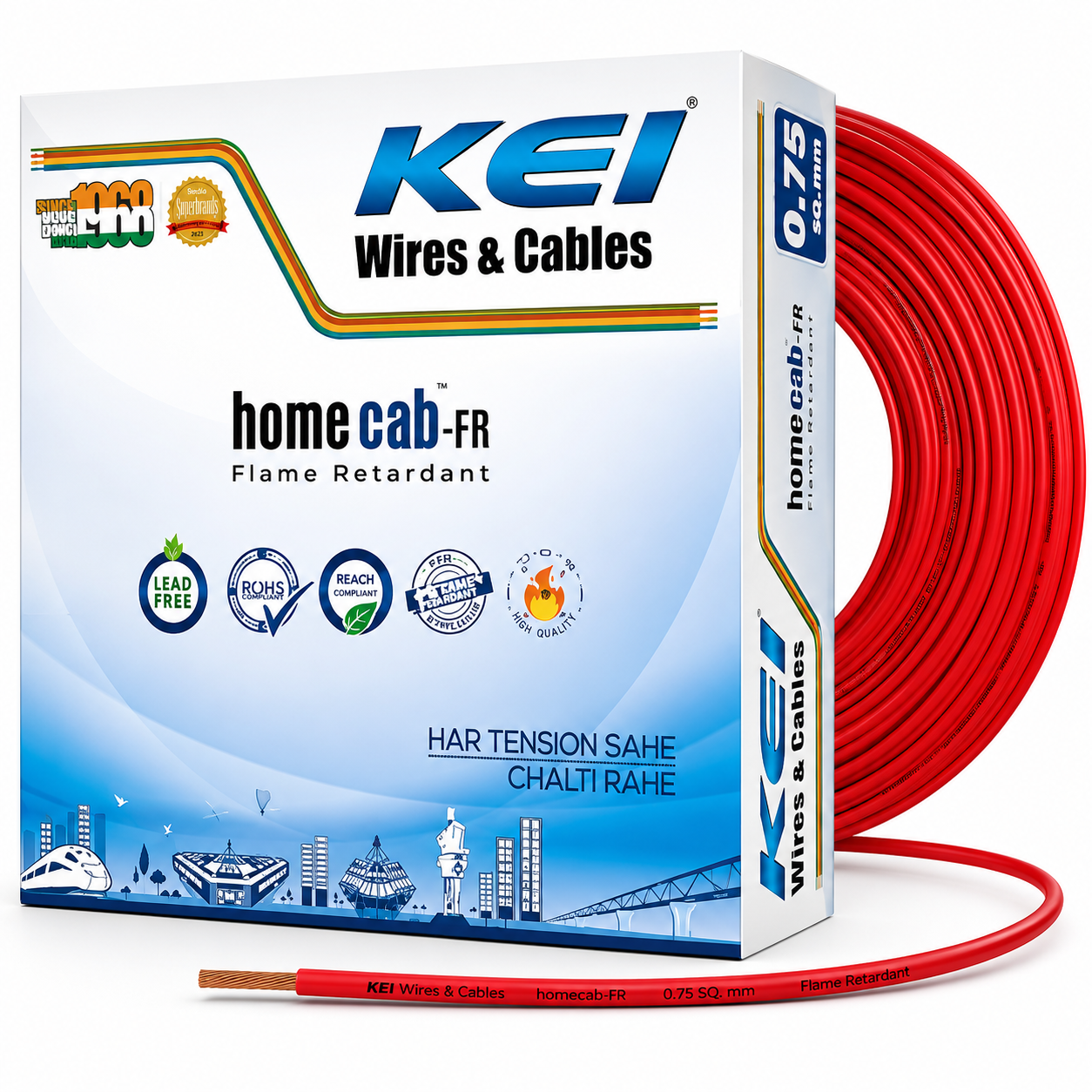 KEI WIRES & CABLES Homecab 0.75 sqmm 1 Core 99.97% Pure Copper Conductor Flame Retardant House Wire PVC Insulated Cable for Domestic & Industrial Electrical Wiring (Red, 90 Meters)