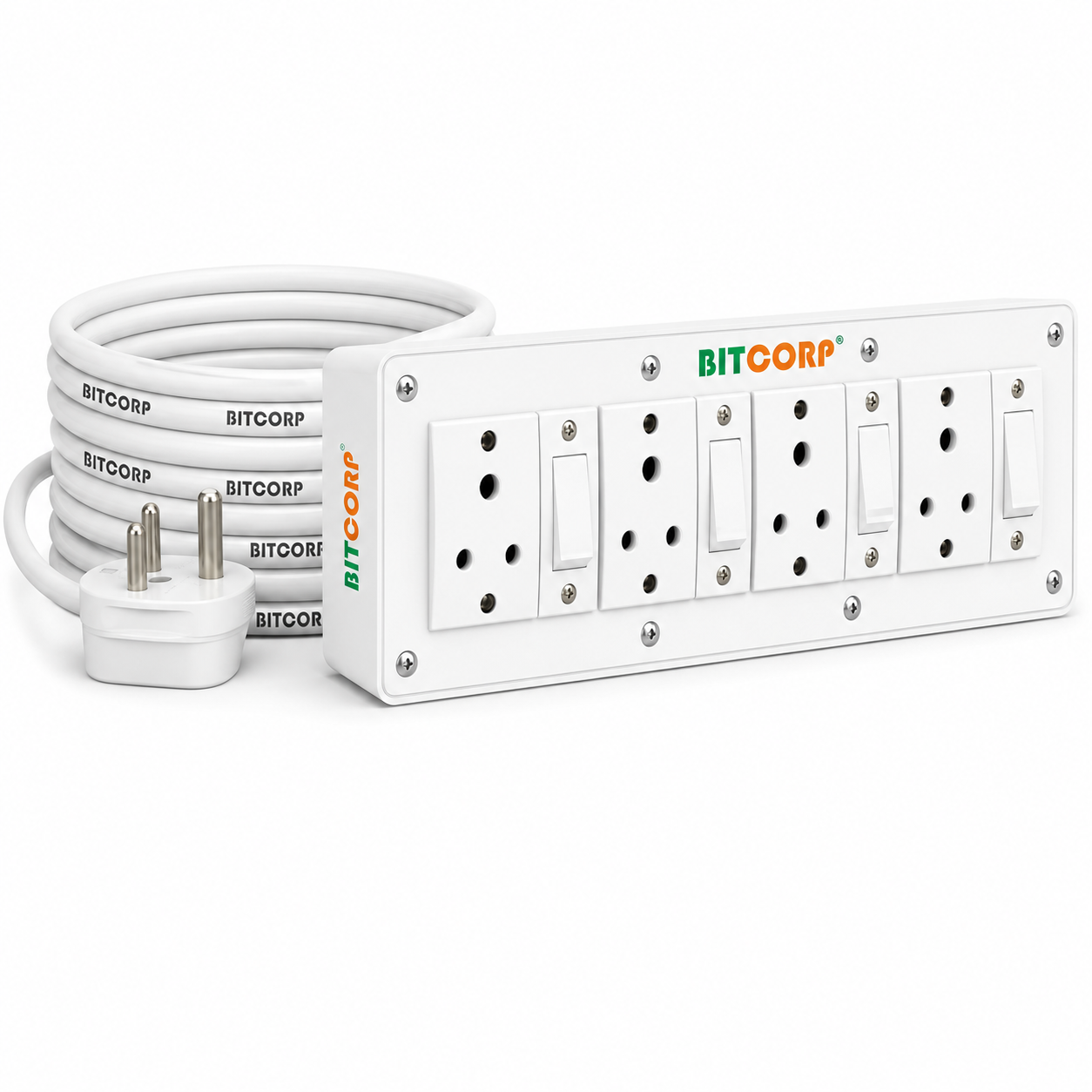 BITCORP 6A Extension Board 4 Socket 4 Switch, 1500W, 3M 0.75mm ISI Certified Wire