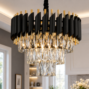 Murphy Black Mamba Black & Gold Crystal Pendant Light (Pack of 1) | 12 Inch Round Luxury Ceiling Chandelier with Metal Frame & Crystal Tubes for Living Room, Dining Room, Bedroom & Hall (400MM)