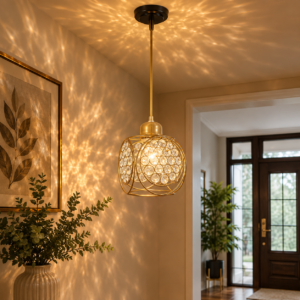Homesake® Crystal Pendant Light for Ceiling, Modern Hanging Lamp for Living Room, Bedroom, Dining Room, Decorative Ceiling Light, Pendant Hanging Light, Kitchen Island Lamp, Ring Cube, (Golden)