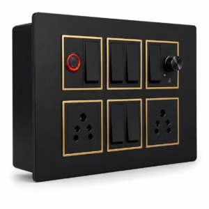 Modular Switch Board with 6 Switches, Fan Regulator, 2x5A Socket, LED Indicator, Black with Gold Accents, Surface Mount, PVC, 30x20x12 cm