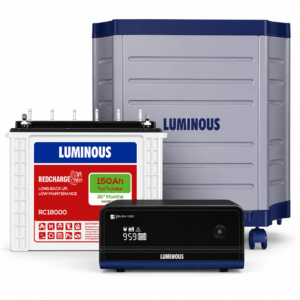 Luminous Inverter & Battery Combo with Trolley for Home, Shop & Office – Zelio+ 1100 (900VA/12V) Pure Sine Wave Inverter + RC18000 150Ah Tall Tubular Battery | 36M Warranty on Inverter & Battery