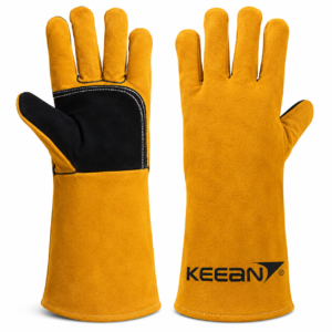 KEEAN MIG ARC TIG Welding 14 Inch Gloves with Extra Padded Palm Leather High Temperature Hot Thermal Work Safety Heavy Duty Heat Fire Resistant at 350°C Leather Cut Proof Gaunlets Kevlar Stitching