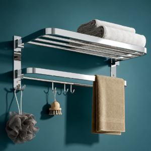 Gloxy Premium Towel Rack in Bathroom - Chrome Finish 24 Inch Stainless Steel Bathroom Hangers for Clothes Towel Holder in Bathroom - Bathroom Fittings Accessories Set with Multipurpose Hooks