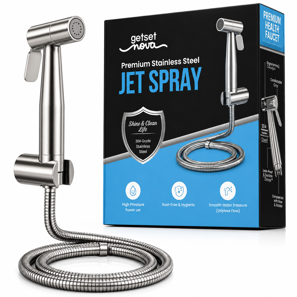 Health Faucet Stainless Steel Jet Spray Gun for Toilet | Silver & Copper Ion Shield Kills 99% Germs | Leak-Proof Bathroom with 1.5 mtr Hose 1 Year Warranty (Jet Spay with Pipe)