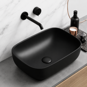 HISRE Table Top Wash Basin For Bathroom | Over Counter Top Wash Basin For Living Room | Washbasin Countertop | Tabletop Ceramic Bathroom Kitchen Sink (45 x 33 x 13 CM) (Black Matt Design)