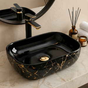 BASSINO 18x13x5.5 Inches Table Top Washbasin/10 Years Warranty/Ceramic Wash Basin for Bathroom/Rectangule Counter Top Wash Basin for Restaurant/Dining Hall/Living Room(Glossy Black-Golden Marble)