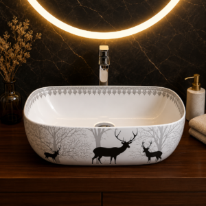 HISRE Table Top Wash Basin For Bathroom | Over Counter Top Wash Basin For Living Room | Washbasin Countertop | Tabletop Ceramic Bathroom Kitchen Sink (18 x 13 x 5.5 Inch) (SKT4018)