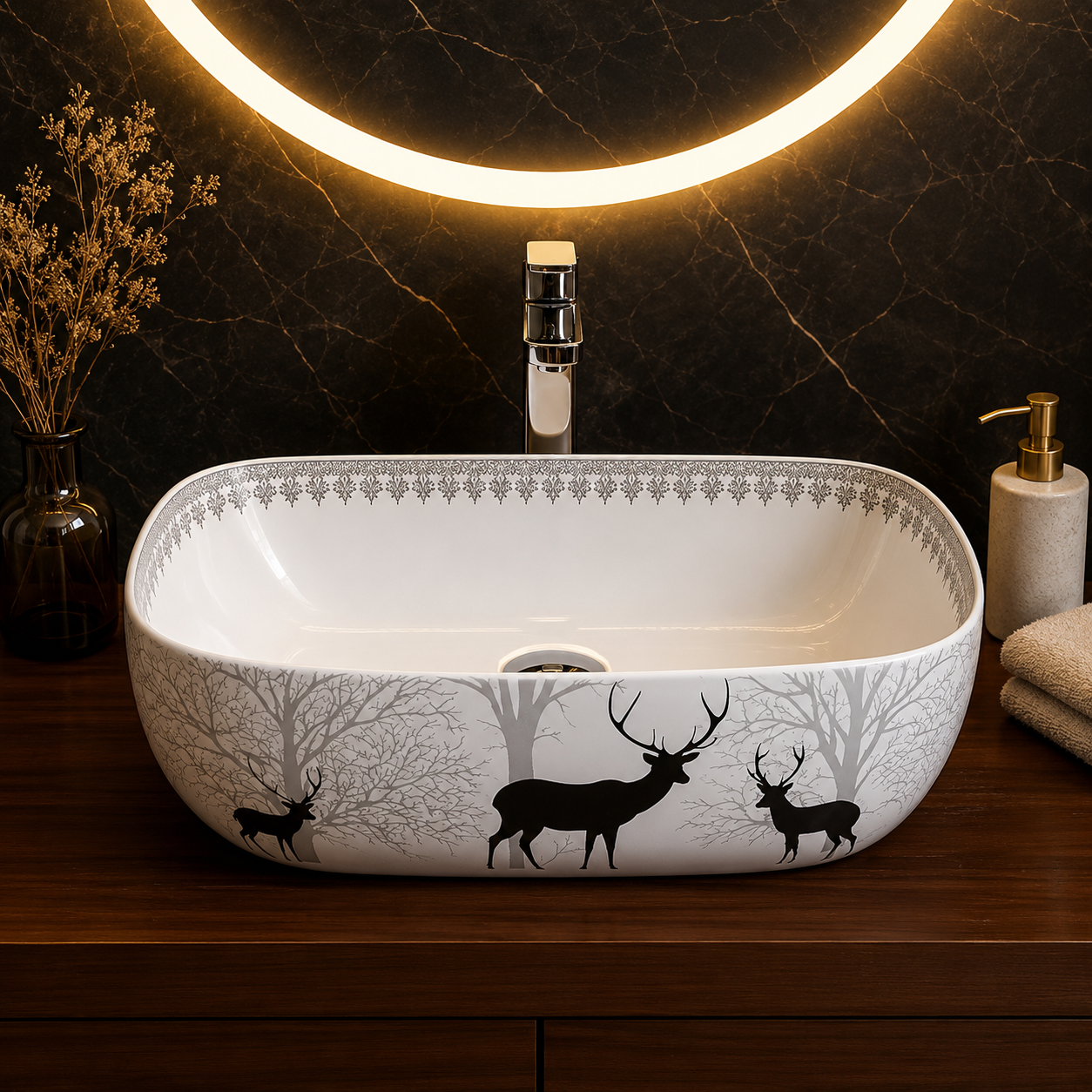 HISRE Table Top Wash Basin For Bathroom | Over Counter Top Wash Basin For Living Room | Washbasin Countertop | Tabletop Ceramic Bathroom Kitchen Sink (18 x 13 x 5.5 Inch) (SKT4018)