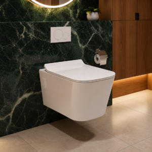 KrissKross Premium Ceramic Wall Hung Commode/Water Closet/Wall mount Western Toilet/EWC/WC/European Commode for Bathrooms P Trap Outlet is from Wall with Soft Close Seat Cover in White Color (white)