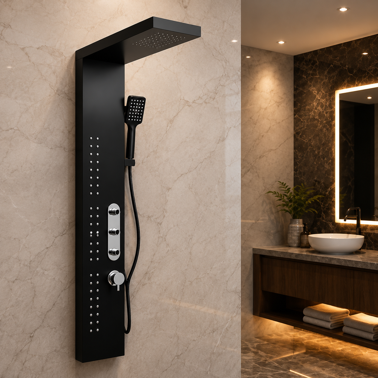 InArt 304 Grade Stainless Steel Shower Panel/4 in 1 Shower System/Handshower with Waterfall Outlet/Body Massage Spray With Hot & cold Mixer Jets Rainfall